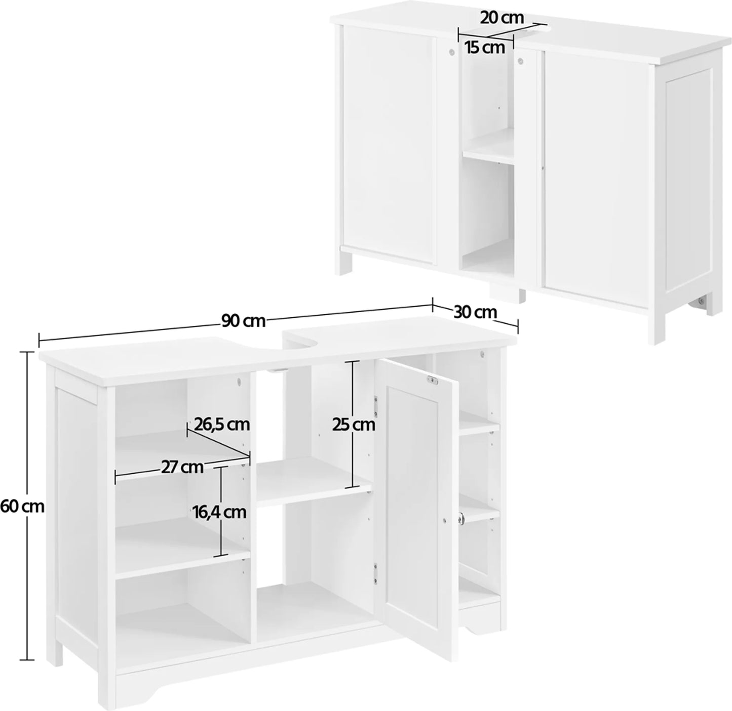 Yaheetech Waschtischmöbel mit verstellbaren Einlegeböden - ausgestattet mit Siphonaussparung und offenen Seitenfächern und Schranktür - für Bad und Toilette - Weiß Mdf - 90 x 30 x 60 cm