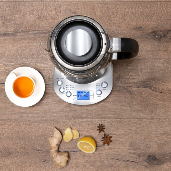 alpina Wasserkocher mit Teekorb - 1,7 L - 2200 W - Wasserkocher - Teezubereiter - Wasserkocher - Warmhaltefunktion - Trockengehschutz - Digitalanzeige - Edelstahl - Glas