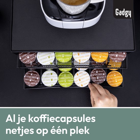 Gadgy Dolce Gusto Kapselhalter mit 2 Schubladen – Kapselhalter mit Schublade – Kaffee-Kapselhalter für 72 Kapseln – Padhalter – Edelstahl – Schwarz – Rutschfest & vibrationsdämpfend