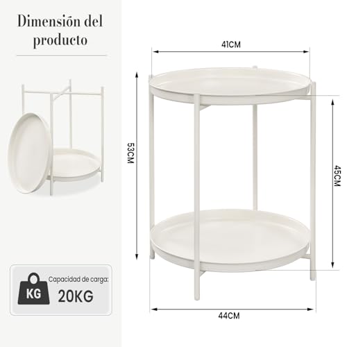 Woltu Runder Beistelltisch mit 2 herausnehmbaren Ablagen - Metall, Creme - Ø44 cm, Höhe 57 cm