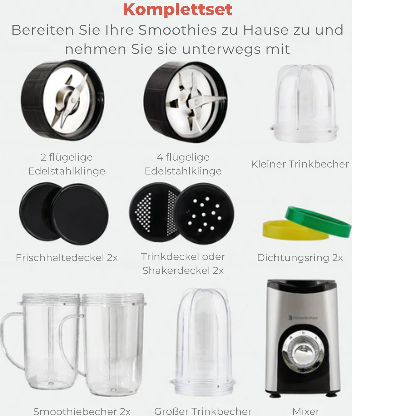 KitchenBrothers Smoothie Mixer - 13-teiliges Set - 4 Becher - To Go - 350W - Edelstahl
