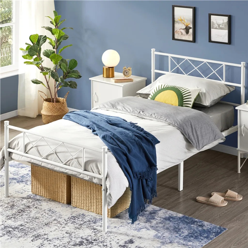 Yaheetech Bettrahmen 90 × 190 cm - Weißes Metall - Einzelbett mit X-Design Kopfteil, Lattenrost und 32,5 cm Stauraum