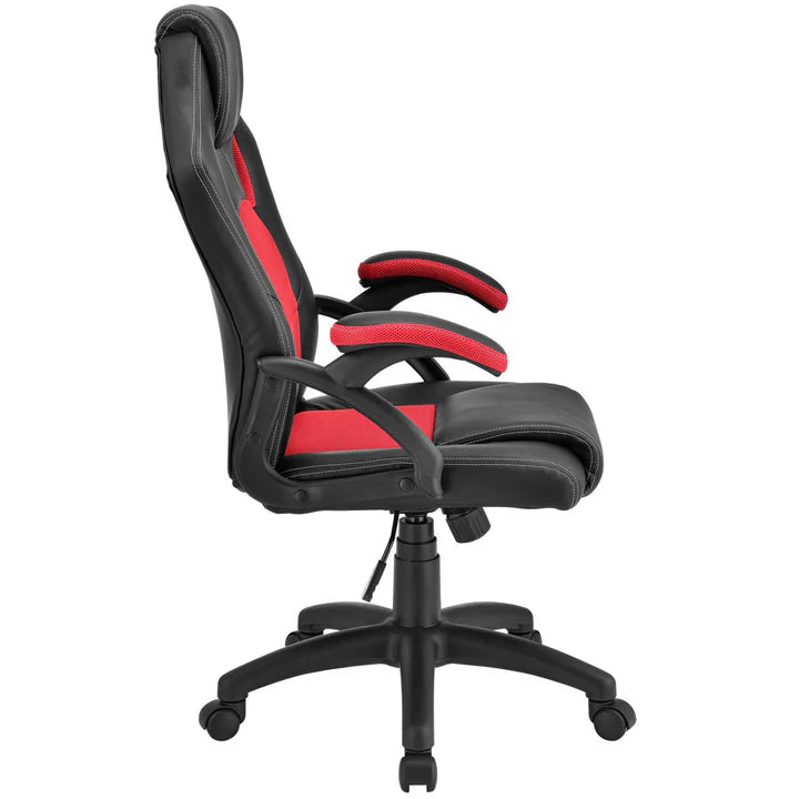 Juskys - Racing Office Chair Montreal - 111 x 47 x 52 cm - Ausgestattet mit neigbarer Rückenlehne und Mesh-Einsatz und Gasfeder - Für Gaming und Büro - Rot und Schwarz Kunstleder und Metall