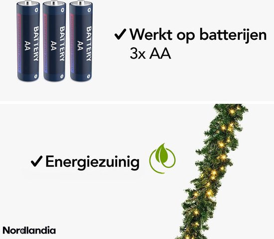 Nordlandia Girlande mit Lichtern - Timer - Weihnachtsschmuck - 500CM - Weihnachtsgirlande - Weihnachtsschmuck - 100 LED - Batterie