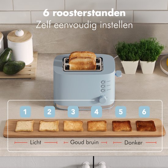 KitchenBrothers Toaster - Toaster - 6 einstellbare Wärmestufen - 2 extra breite Schlitze - 870W - Pastellblau