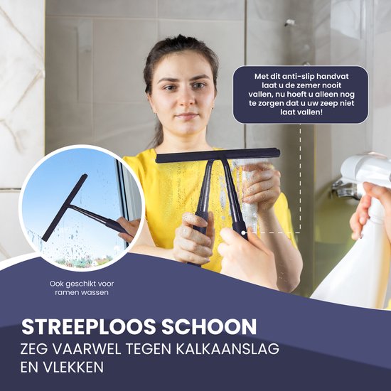 TTD® Duschwischer 2-in-1 mit ausziehbarem langem Stiel - 97 cm - Silikonwischblatt - Ergonomisch - Mit Mikrofasertuch und Aufhängehaken - Duschabzieher - Badezimmer-Bodenwischer - Bodenwischer - Schwarz