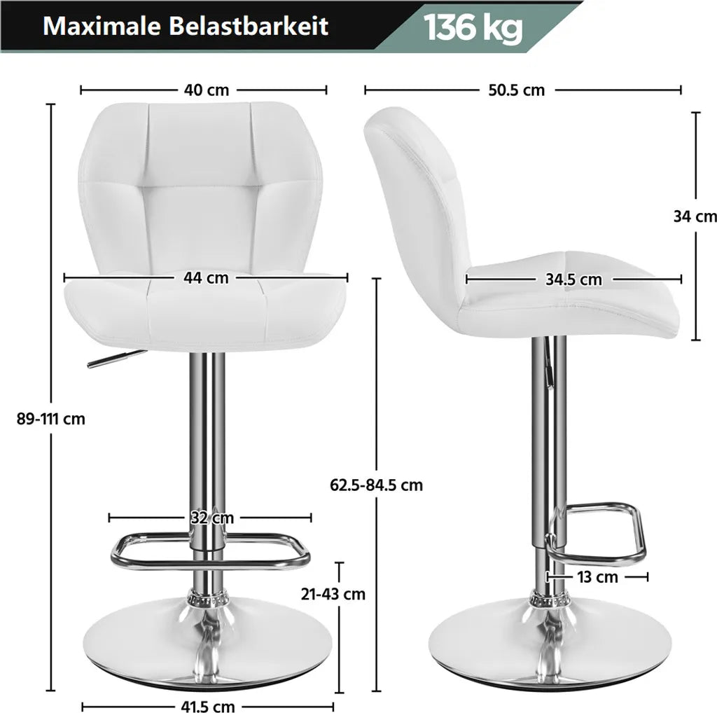 Yaheetech Barhocker-Set, 2er-Set – Weiß – Verstellbare, um 360° drehbare Barhocker mit Rückenlehne und Fußstütze