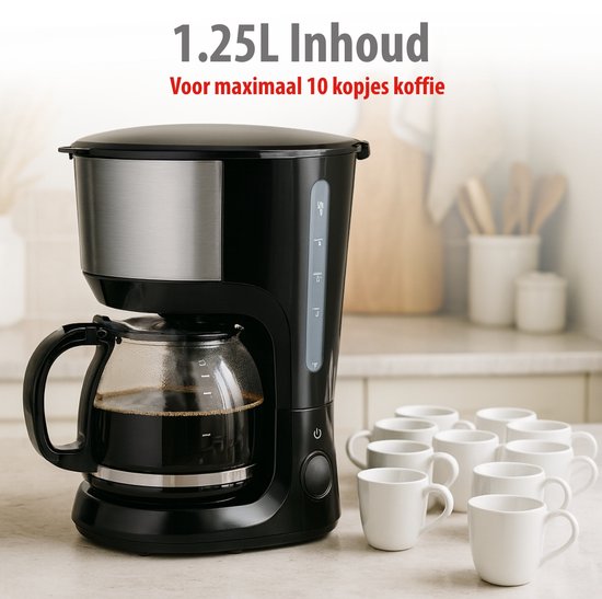 alpina Kaffeemaschine für Filterkaffee, 750 W – Kaffeemaschine mit wiederverwendbarem Kaffeefilter – Kaffeemaschine mit 1,25-Liter-Glaskanne – 10 Tassen Kaffee pro Brühvorgang – Tropfstopp-Kaffeemaschine