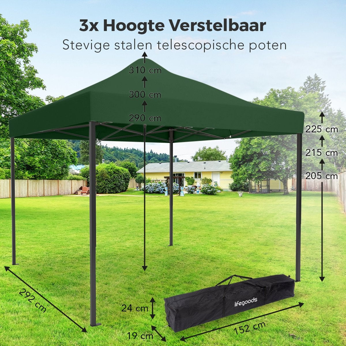 LifeGoods Partyzelt - 3x3 m - leicht aufbaubar - faltbar - wasserdicht - Tragetasche mit Rädern - dunkelgrün