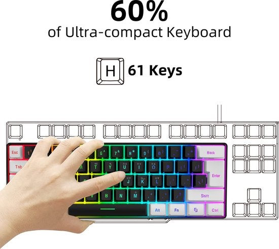 HXSJ V700 RGB Kompakte Gaming-Tastatur Qwerty 61 Tasten Backlight-Effekt Schwarz/Weiß