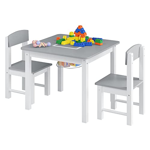 Woltu Kindertisch und -stühle mit wendbarem Spielblatt - Weiß und Grau