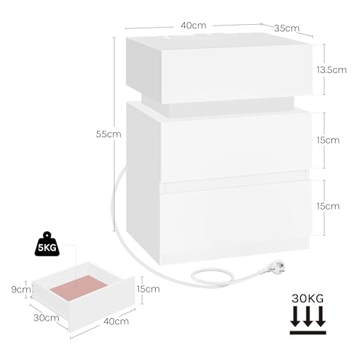 Woltu Nachttisch mit Steckdose und LED-Beleuchtung - Weiß - 40 x 35 x 55 cm - 2 Schubladen und 1 Ablagefach - Modern und multifunktional