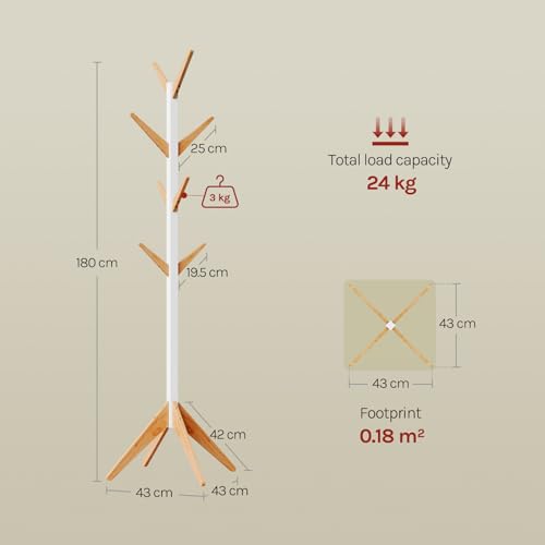 Woltu Garderobenständer Baumförmig - Weiß und Natur - 180 cm hoch - 8 Haken