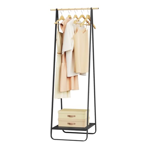 Woltu Kleiderständer mit Schuhregal - Schwarzes Metall und Bambus - 54 x 45 x 141 cm