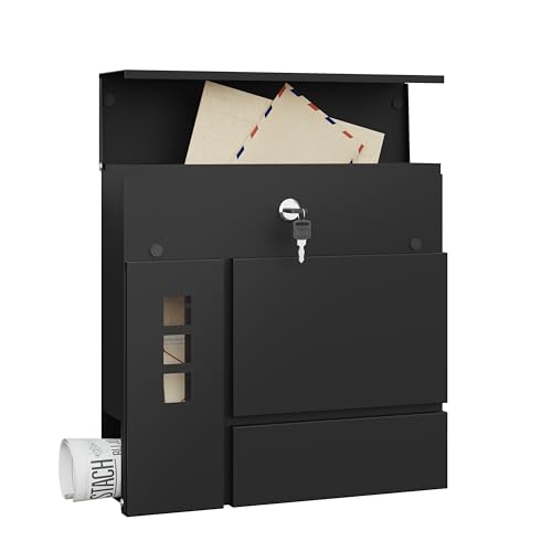 Woltu Briefkasten mit Zeitungsfach - Modernes Schwarz - 37 x 37 x 10,5 cm