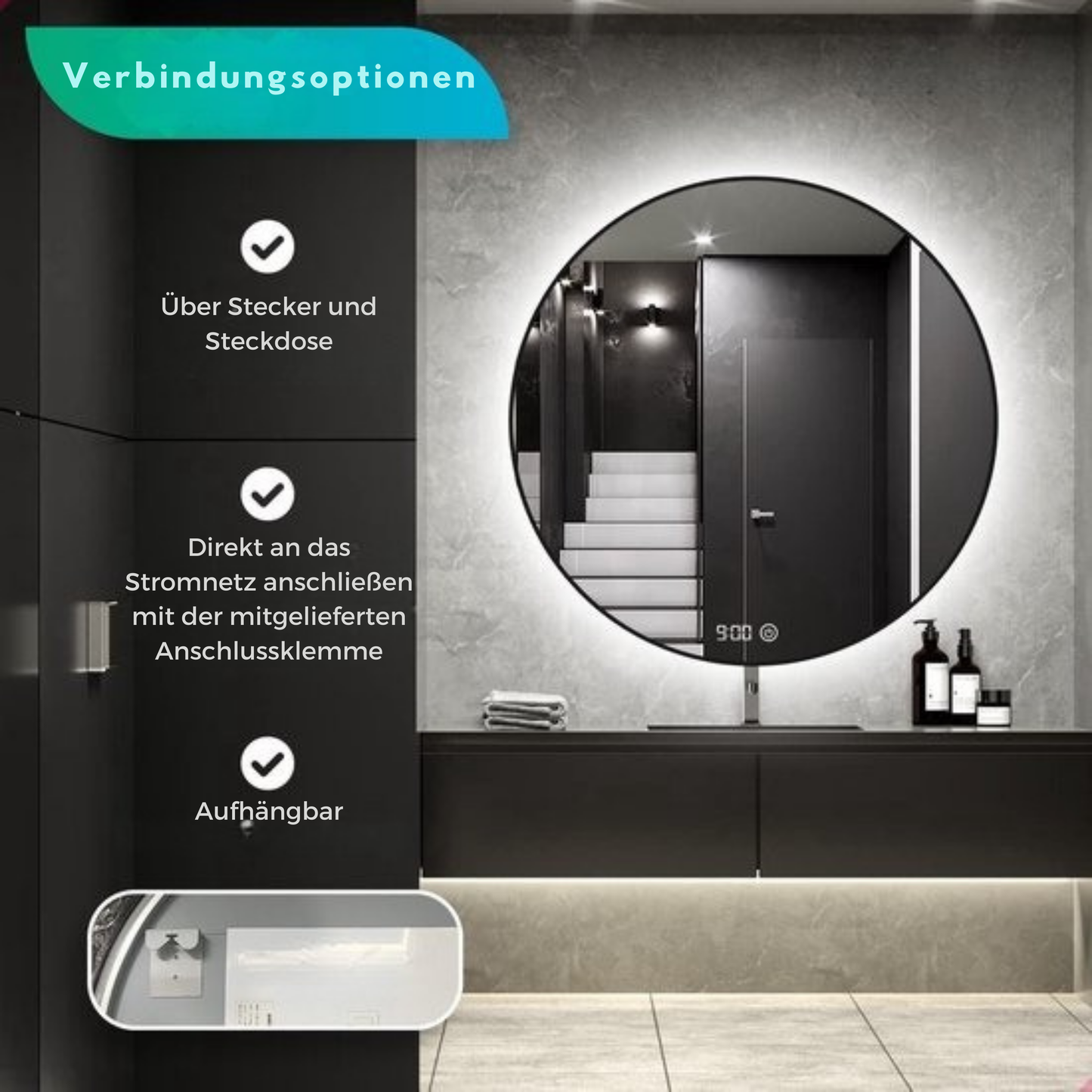 Mirlux Badezimmerspiegel - LED-Beleuchtung & Heizung - Anti-Kondensation - Rund - Mattschwarz - 80CM