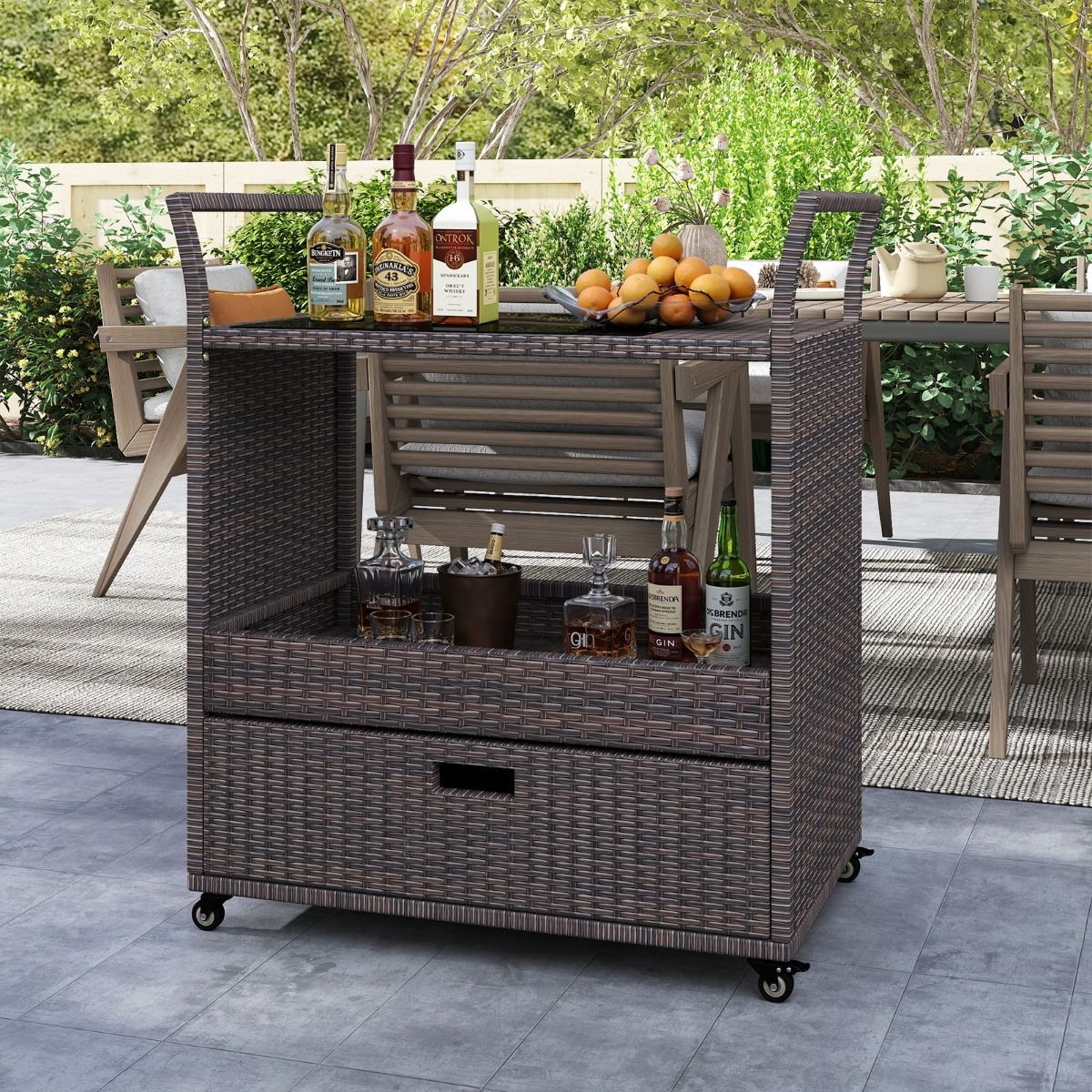 Coast Barwagen aus Korbgeflecht – mit Platte aus gehärtetem Glas – große Schublade und offenes Regal – braun – 85 x 47 x 92 cm