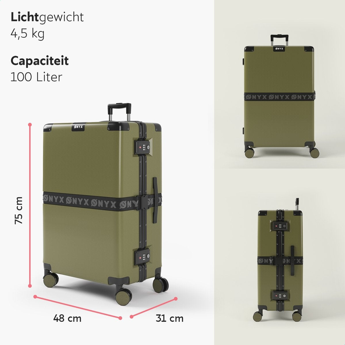 ONYXÂ® Check-in-Koffer 100L - TSA-Schloss - Spinner-Räder - Leichter Trolley - Aluminiumverschluss - Olivgrün