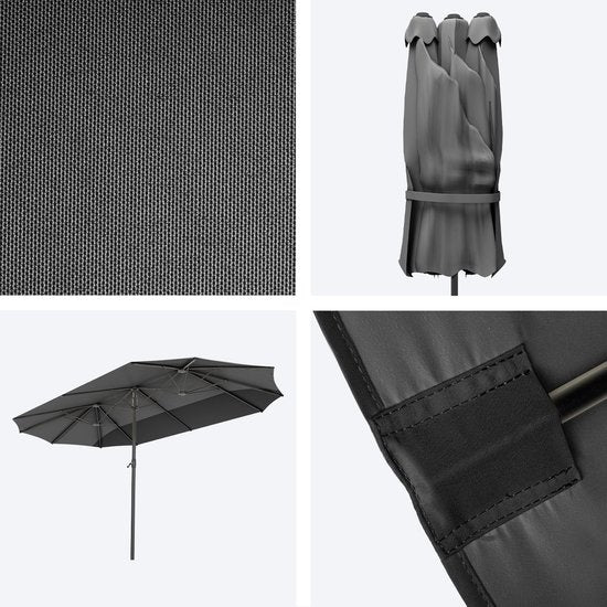 LifeGoods Doppelter Sonnenschirm - 270x460cm - Bis zu 15 Personen - Wasserdicht - Mit Bezug - Dunkelgrau