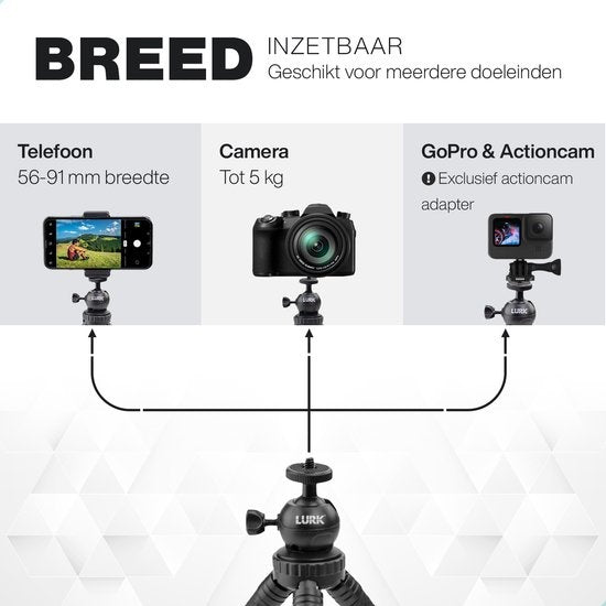 LURK¬Æ 3 in 1 Flexibele Octopus Tripod statief voor smartphone & (actie)camera - Incl. telefoonklem en bluetooth afstandsbediening - 25 cm