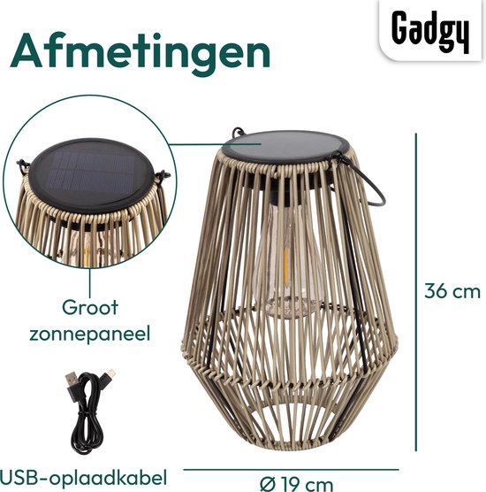 Gadgy Solar-Gartenleuchte Rattan Beige - Solar-Gartenleuchte - Solar-Tischleuchte mit USB-Anschluss - Außenleuchte Gartenstatue - Gartenlaterne mit Tag/Nacht-Sensor - Beleuchtung für draußen - Laterne Garten