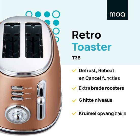 MOA Retro-Toaster - 6 Heizstufen - 2 extra breite Schlitze - 850W - Aufwärm- und Auftaufunktion - Schwarz - T3C