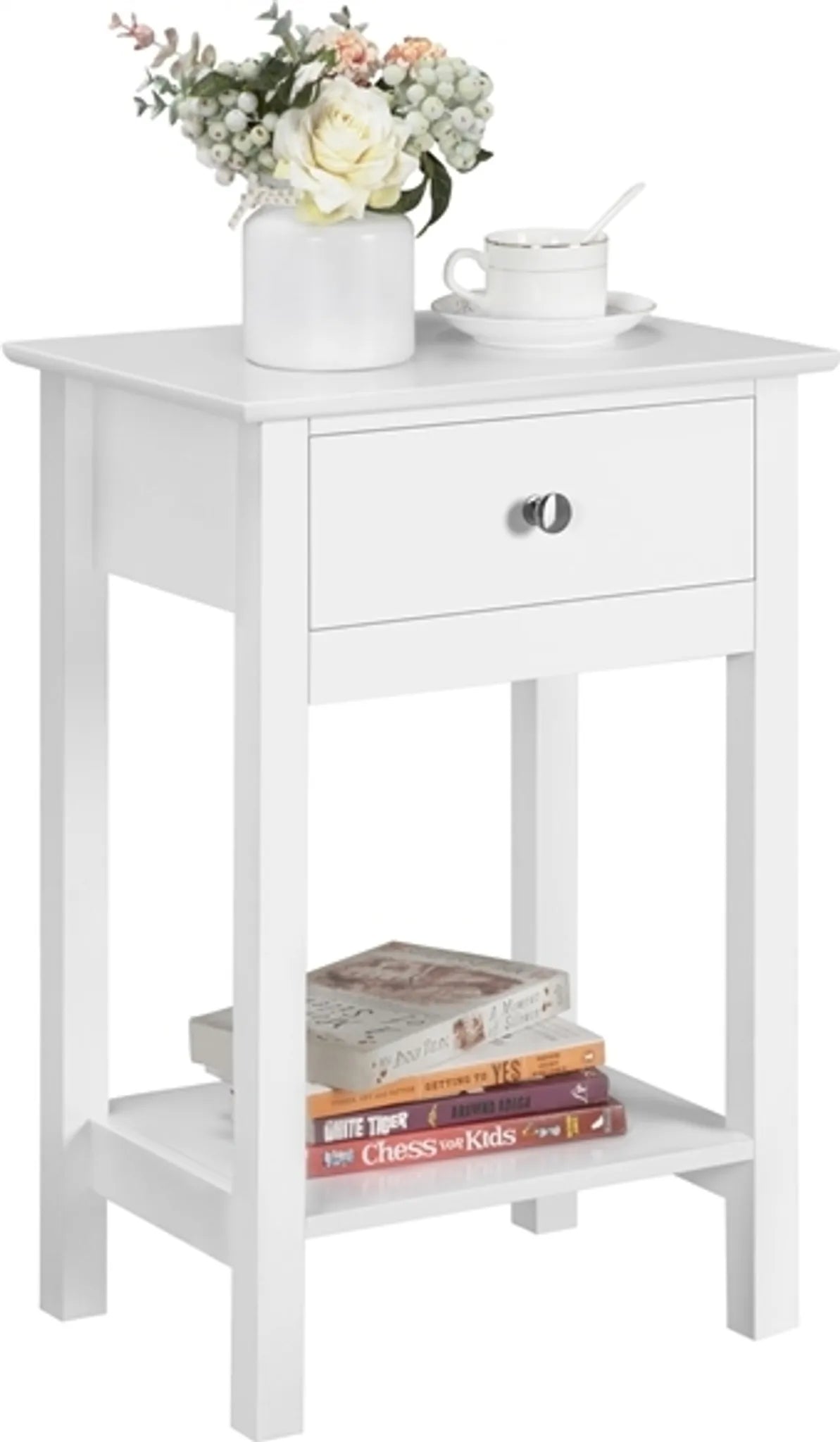 Yaheetech Stilvoller Nachttisch mit Schublade und Einlegeboden 40 x 30 x 61 cm – Zeitloses Weiß – MDF