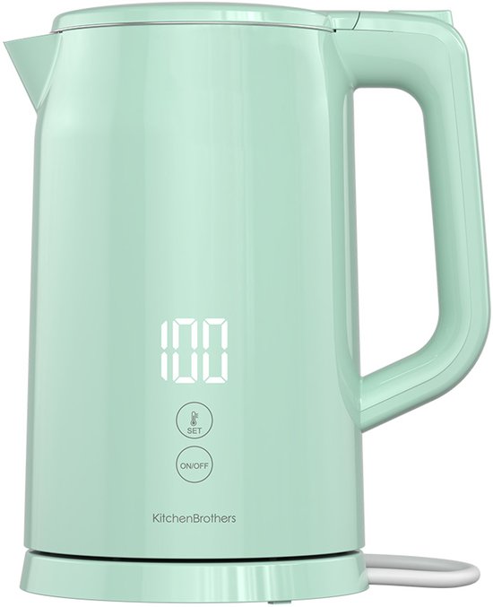 KitchenBrothers Wasserkocher - 1.7L - Mit Temperaturkontrolle - Elektrisch - Warmhaltefunktion - Display - Doppelwandig - Cool-touch - 2200W - Pastellgrün