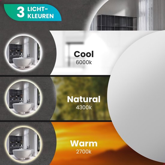 Mirlux Badezimmerspiegel mit LED-Beleuchtung & Heizung - Wandspiegel rund - Anti-Kondensations-Duschspiegel - 60CM