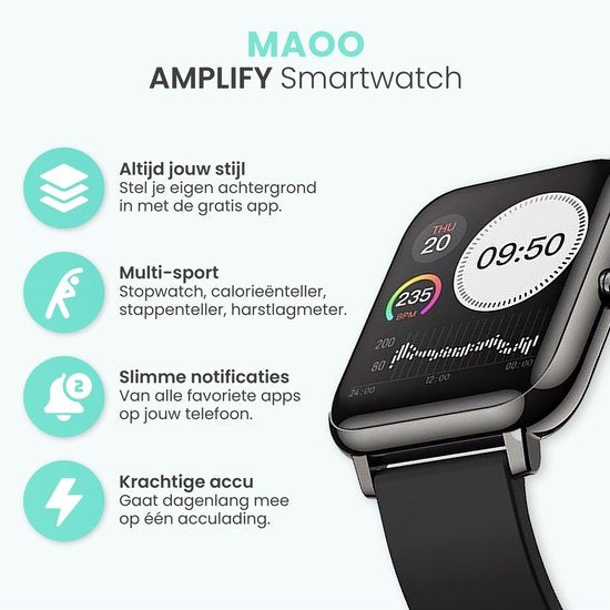 MAOO AMPLIFY Smartwatch - Inkl. Bildschirmschutz - Herzfrequenz, Blutdruck, Blutsättigung, Schlaf, Entfernung - Schrittzähler - Smartwatch Männer - Smartwatch Frauen - Uhr - Weihnachtsgeschenk - Schwarz