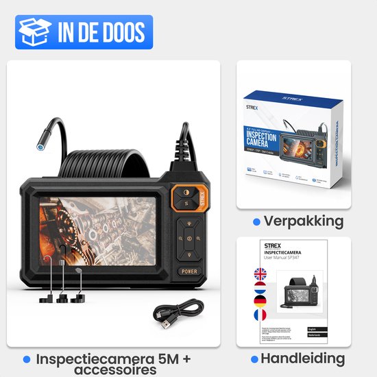 Strex Endoskop mit Bildschirm 5M – Inspektionskamera – Kanalinspektionskamera mit HD-Bild – IP67 wasserdicht – Einstellbare LED-Beleuchtung