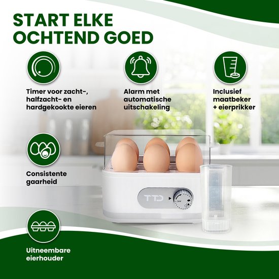 TTD® Smart Egg Boiler Electric mit Timer - Geeignet für 1 bis 6 Eier - hartgekocht, weichgekocht oder halbweich - Eieruhr - Eierkocher Electric - Inklusive Eierkocher und Messbecher