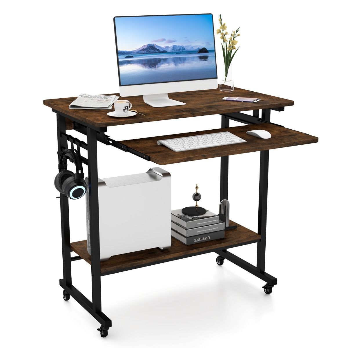 Coast Computertisch auf Rollen – mit Tastaturablage und Ablagegestell – Vintage-Braun – 80 x 50 x 78 cm