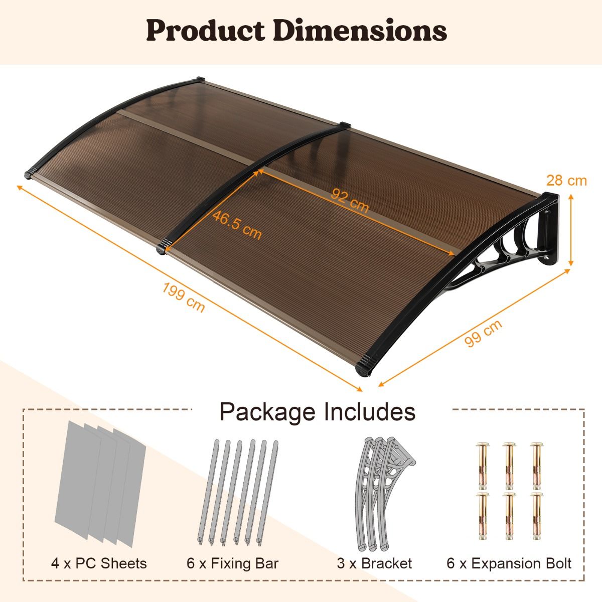 Coast-Eingangsmarkise – robuste Aluminiumkonstruktion – UV-Schutz – Farbe: Kaffee – 199 x 99 cm