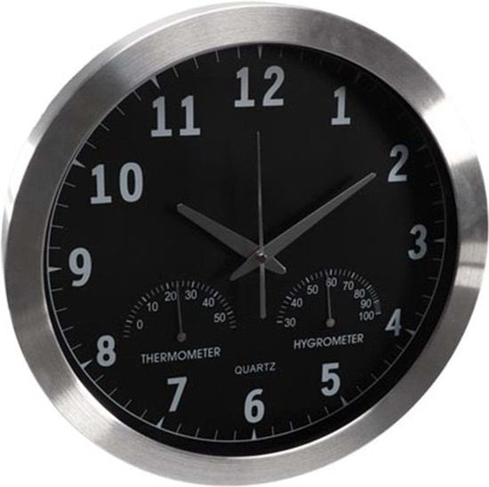 Perel Aluminium Wanduhr mit Thermometer & Hygrometer - Ã˜ 35.5 Cm