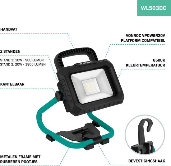 VONROC Akku-Bauleuchte 20V - LED - 20W - 2 Modi: 900/1800 Lumen - schwenkbar - breiter Abstrahlwinkel - ohne Akku & Ladegerät