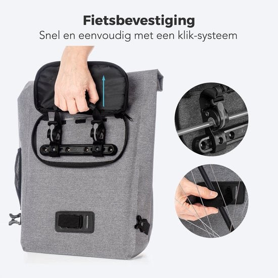 LifeGoods Single Bicycle Bag - Kompakt - Umhängetasche und Rucksack - 25L - Runder Gepäckträger - Wasserdicht - Grau