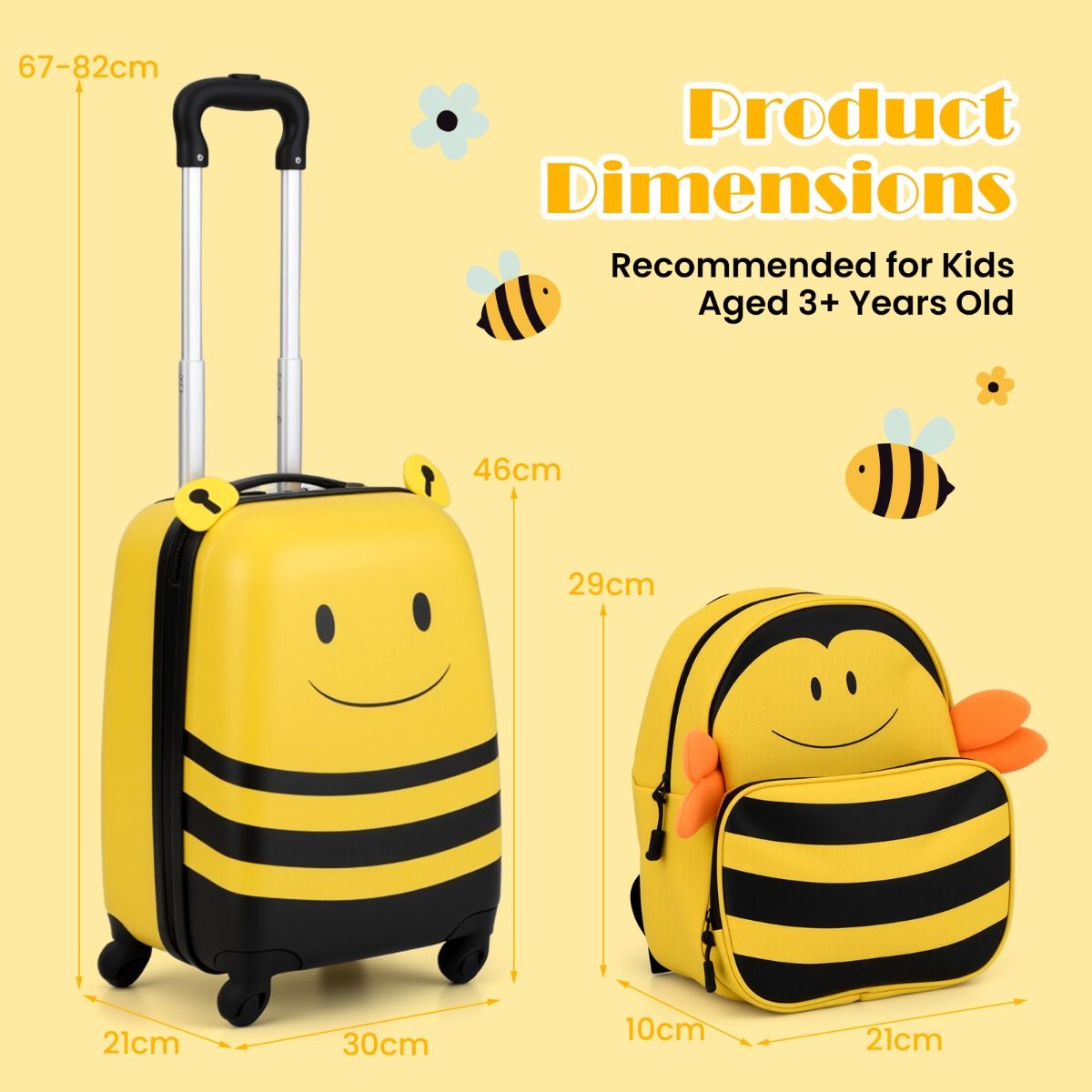 Coast Kinderkoffer- und Rucksack-Set – Bienenmotiv – Mit Rollen und Sicherheitsband – Gelb