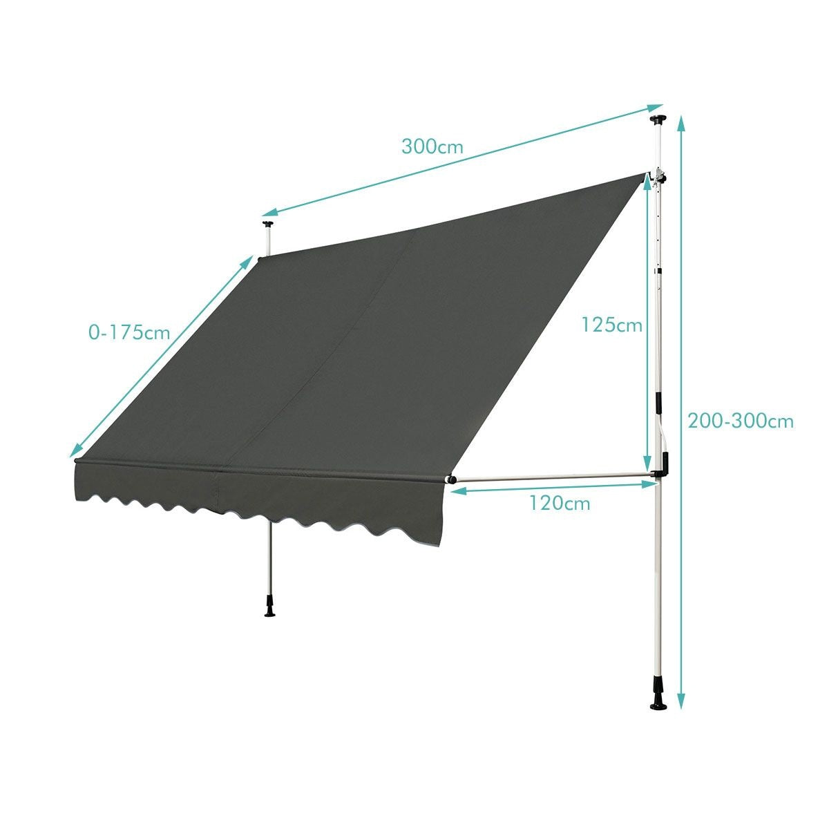 Coast Teleskopmarkise Sonnenschutz Höhenverstellbare wasserdichte Markise 300 x 120 cm Grau