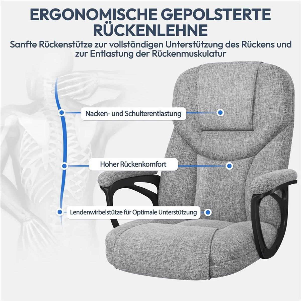 Ergonomischer Bürostuhl mit Armlehnen, um 360° drehbar, höhenverstellbar und mit Wippfunktion, grau