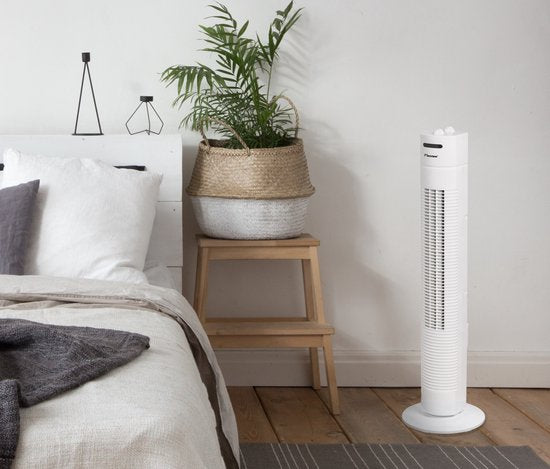 Bestron Turmventilator, Ventilator mit 3 Geschwindigkeitsstufen & 75° Grad Drehfunktion, inkl. Timer, Höhe: 78 cm, 35W, AFT760W, Farbe: weiß