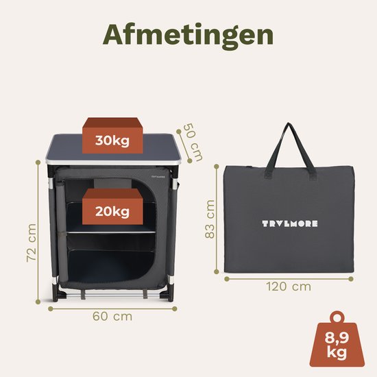 TRVLMORE Camping-Schrank – Campingküche – 70 kg Tragkraft – Aluminiumrahmen – zusammenklappbar – inkl. Tragetasche – 50 x 60 x 72 cm – grau