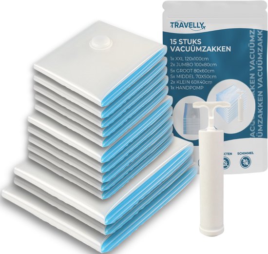 Travelly® Vakuumbeutel & Reisebeutel Set - Aufbewahrung von Kleidung & Reisen - Luftdicht - Inklusive Pumpe - Wiederverwendbar - Platzsparend - 15er Set - Transparent