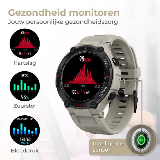 Nuvance - Outdoor Smartwatch - IP67 Wasserdicht - Bluetooth Smartwatch für Frauen und Männer - Smartwatches - Sportuhr mit Schrittzähler, Kalorienzähler, Schlafmesser - Geeignet für alle Smartphones - Grau