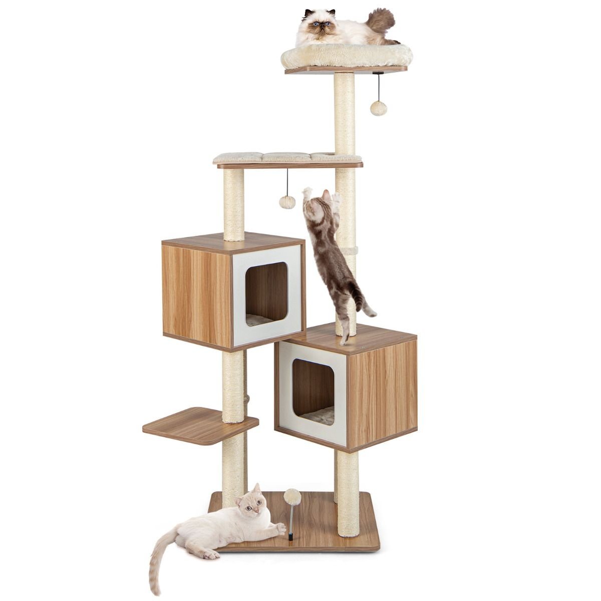 Kratzbaum Holz 163 cm 6 Etagen Großer Kratzbaum Kratzbaum Kletterbaum Beige + Natur