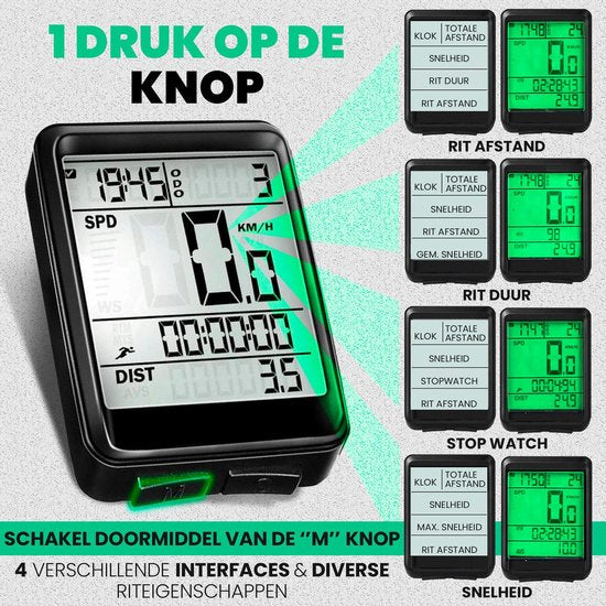 Strex Kabelloser Fahrradcomputer - 17 Funktionen - Extra großer Bildschirm - Kabelloser Fahrradcomputer Kabellos und wasserdicht - NL Manual