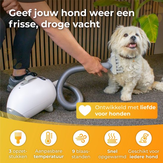 Nuvance - Hundehaartrockner - Wassergebläse Hund - 2100W - mit 3 Aufsätzen - Hundetrockner - Wassergebläse für Hunde - einstellbare Leistung - Hundeföhn - Weiß