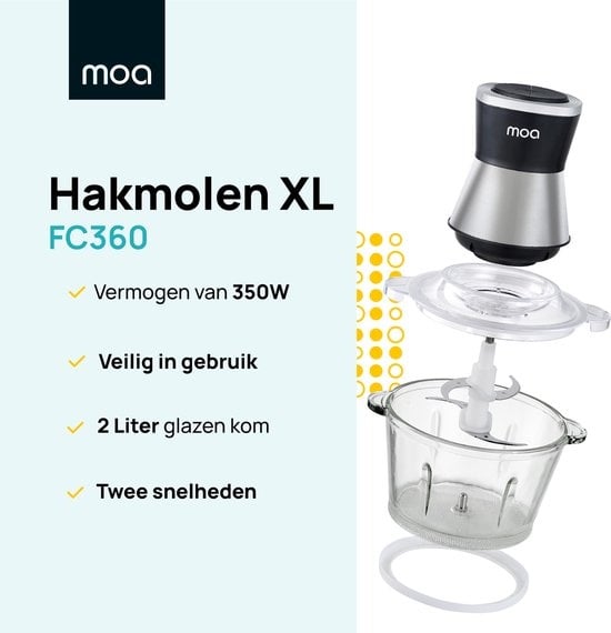 MOA Chopper XL - Lebensmittelzerkleinerer - 2 Liter Glasschüssel - 4 Klingen - FC360