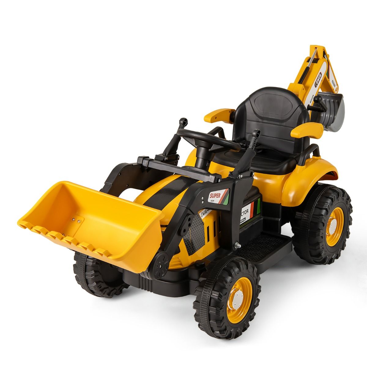 Coast Elektrischer Kindertraktor mit Anhänger – Bagger und Schaufel – Fernbedienung – Gelb