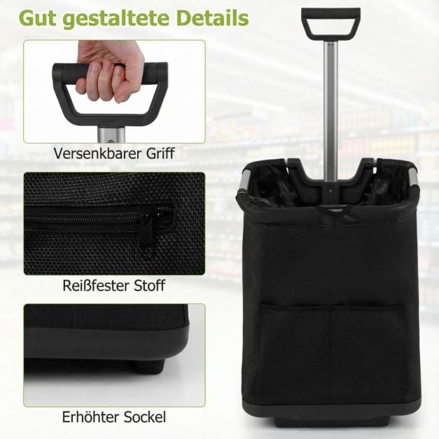 Coast Shopping Trolley Schwarz - faltbarer 50L Einkaufswagen mit 3 Fächern und verstellbarem Griff - 40 x 36 x 58/90 cm